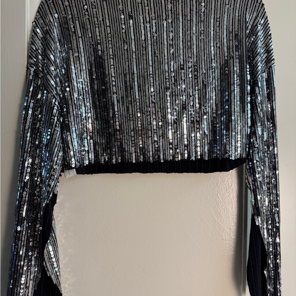 Zara Glamorous Silver Sequin Crop Blouse with Long Sleeves